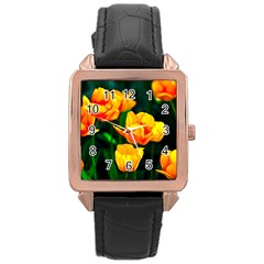 Yellow Orange Tulip Flowers Rose Gold Leather Watch  by FunnyCow