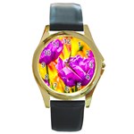 Violet Tulip Flowers Round Gold Metal Watch Front