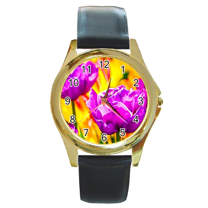 Violet Tulip Flowers Round Gold Metal Watch