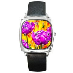 Violet Tulip Flowers Square Metal Watch by FunnyCow