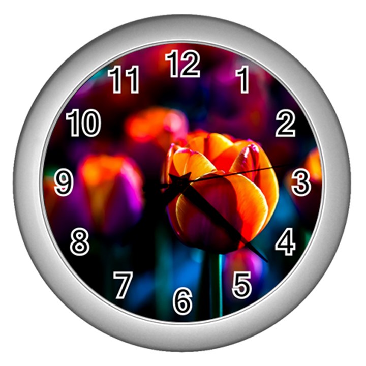 Red Tulips Wall Clock (Silver)