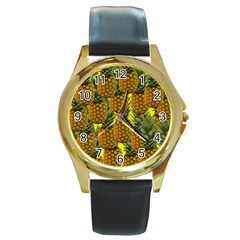 Tropical Pineapple Round Gold Metal Watch