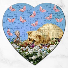 Cat And Butterflies Jigsaw Puzzle (heart) by snowwhitegirl