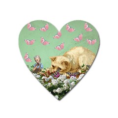 Cat And Butterflies Green Heart Magnet by snowwhitegirl