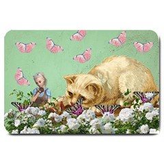 Cat And Butterflies Green Large Doormat  by snowwhitegirl