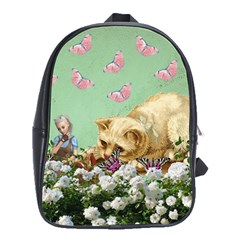 Cat And Butterflies Green School Bag (large) by snowwhitegirl