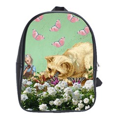 Cat And Butterflies Green School Bag (xl) by snowwhitegirl