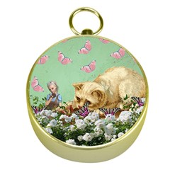 Cat And Butterflies Green Gold Compasses