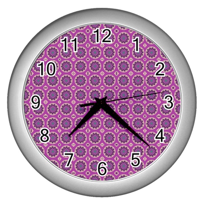 Floral Circles Pink Wall Clock (Silver)