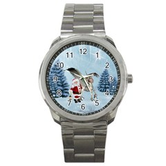 Santa Claus With Cute Pegasus In A Winter Landscape Sport Metal Watch by FantasyWorld7