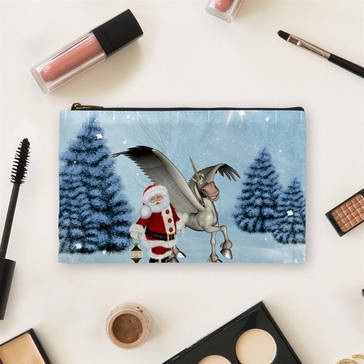 Santa Claus With Cute Pegasus In A Winter Landscape Cosmetic Bag (Medium)