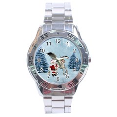 Santa Claus With Cute Pegasus In A Winter Landscape Stainless Steel Analogue Watch by FantasyWorld7