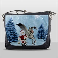 Santa Claus With Cute Pegasus In A Winter Landscape Messenger Bag by FantasyWorld7