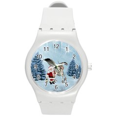 Santa Claus With Cute Pegasus In A Winter Landscape Round Plastic Sport Watch (m) by FantasyWorld7