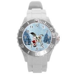 Santa Claus With Cute Pegasus In A Winter Landscape Round Plastic Sport Watch (l) by FantasyWorld7