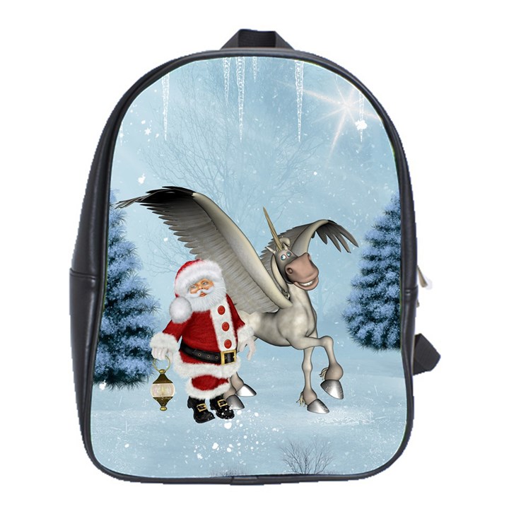 Santa Claus With Cute Pegasus In A Winter Landscape School Bag (XL)