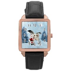 Santa Claus With Cute Pegasus In A Winter Landscape Rose Gold Leather Watch  by FantasyWorld7