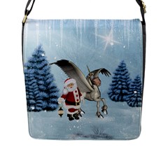 Santa Claus With Cute Pegasus In A Winter Landscape Flap Closure Messenger Bag (l) by FantasyWorld7