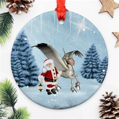 Santa Claus With Cute Pegasus In A Winter Landscape Round Ornament (two Sides) by FantasyWorld7