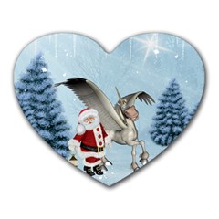 Santa Claus With Cute Pegasus In A Winter Landscape Heart Mousepads by FantasyWorld7