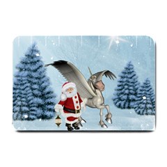 Santa Claus With Cute Pegasus In A Winter Landscape Small Doormat  by FantasyWorld7