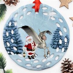 Santa Claus With Cute Pegasus In A Winter Landscape Ornament (round Filigree) by FantasyWorld7