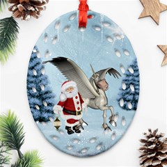 Santa Claus With Cute Pegasus In A Winter Landscape Ornament (oval Filigree) by FantasyWorld7