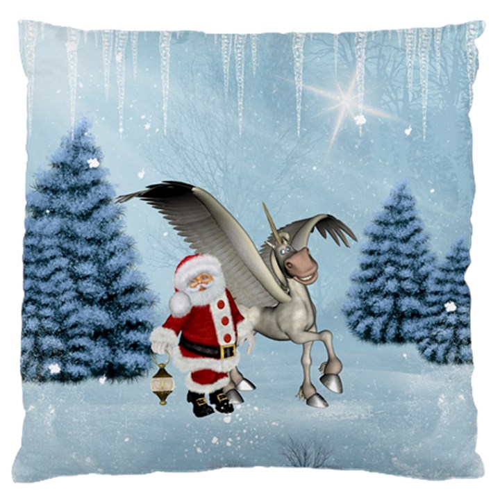 Santa Claus With Cute Pegasus In A Winter Landscape Large Flano Cushion Case (Two Sides)