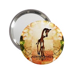 Cute Giraffe Mum With Funny Giraffe Baby 2 25  Handbag Mirrors by FantasyWorld7