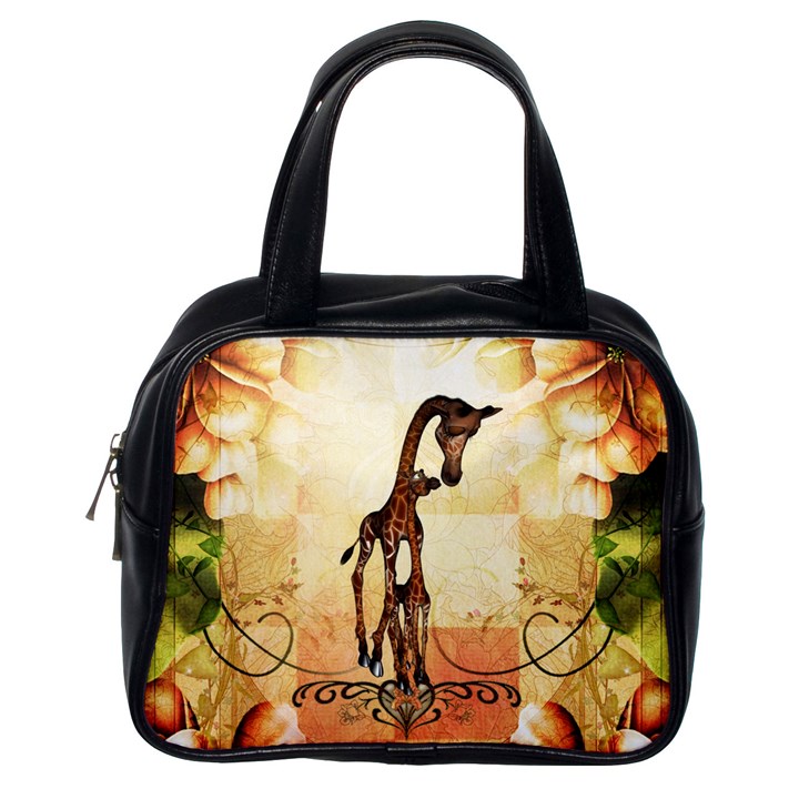 Cute Giraffe Mum With Funny Giraffe Baby Classic Handbag (One Side)