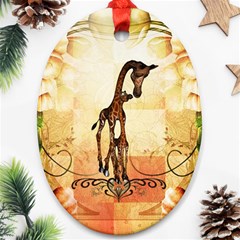 Cute Giraffe Mum With Funny Giraffe Baby Oval Ornament (Two Sides)