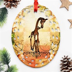 Cute Giraffe Mum With Funny Giraffe Baby Ornament (Oval Filigree)