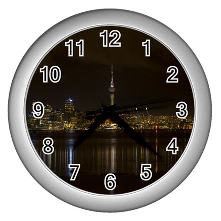 City River Water Cityscape Skyline Wall Clock (Silver)