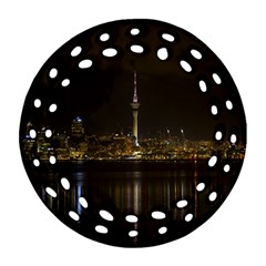 City River Water Cityscape Skyline Round Filigree Ornament (two Sides) by Nexatart