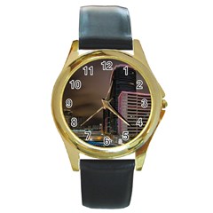 Hong Kong At Night Skyline Round Gold Metal Watch