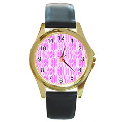 Bright Pink Colored Waikiki Surfboards  Round Gold Metal Watch by PodArtist