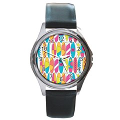 Mini Rainbow Colored Waikiki Surfboards  Round Metal Watch by PodArtist