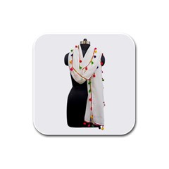 Indiahandycrfats Women Fashion White Dupatta With Multicolour Pompom All Four Sides For Girls/women Rubber Square Coaster (4 Pack)  by Indianhandycrafts