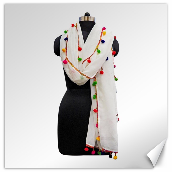 Indiahandycrfats women Fashion White Dupatta with Multicolour Pompom all four sides for Girls/women Canvas 20  x 20 