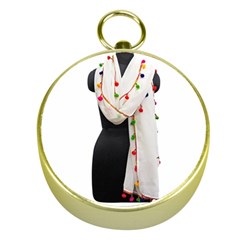 Indiahandycrfats Women Fashion White Dupatta With Multicolour Pompom All Four Sides For Girls/women Gold Compasses by Indianhandycrafts