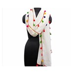 Indiahandycrfats women Fashion White Dupatta with Multicolour Pompom all four sides for Girls/women Double Sided Flano Blanket (Small)  50 x40  Blanket Front