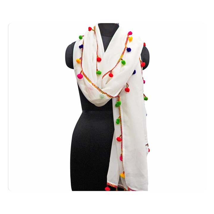 Indiahandycrfats women Fashion White Dupatta with Multicolour Pompom all four sides for Girls/women Double Sided Flano Blanket (Small) 