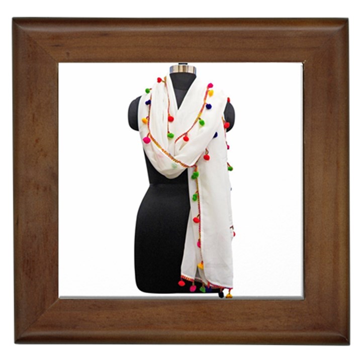 Indiahandycrfats women Fashion White Dupatta with Multicolour Pompom all four sides for Girls/women Framed Tiles