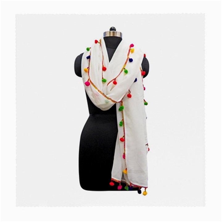 Indiahandycrfats women Fashion White Dupatta with Multicolour Pompom all four sides for Girls/women Medium Glasses Cloth