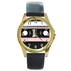 Pink Compact Cassette Round Gold Metal Watch by snowwhitegirl