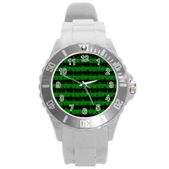 Alien Green And Black Halloween Nightmare Stripes  Round Plastic Sport Watch (l) by PodArtist