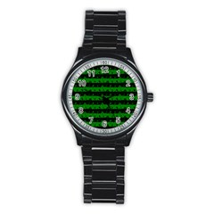 Alien Green And Black Halloween Nightmare Stripes  Stainless Steel Round Watch by PodArtist