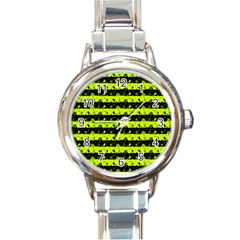 Slime Green And Black Halloween Nightmare Stripes  Round Italian Charm Watch by PodArtist