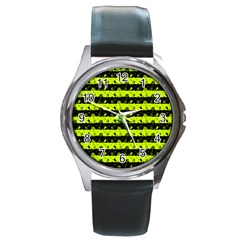 Slime Green And Black Halloween Nightmare Stripes  Round Metal Watch by PodArtist