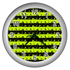 Slime Green And Black Halloween Nightmare Stripes  Wall Clock (silver) by PodArtist